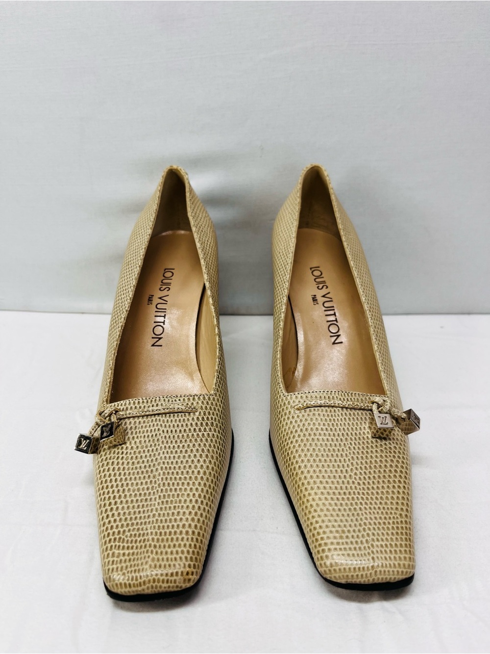 Louis Vuitton Neutral Lizard-Embossed Square Toe Pumps